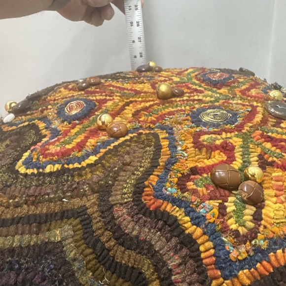 Primitive Country Hand Hooked‎ Pillow Brown Fringe Decor Down Feather Filled - Picture 5 of 7